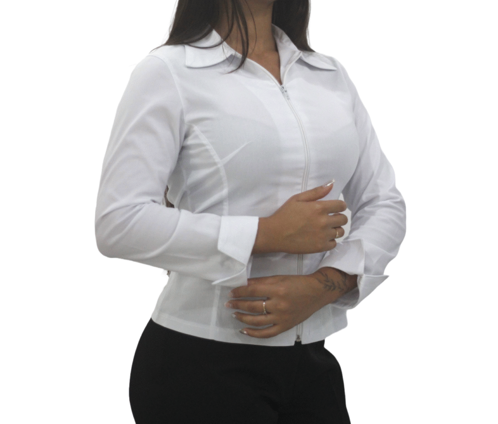 1077 Camisa de zíper feminina Tricoline Elastano cor Branco
