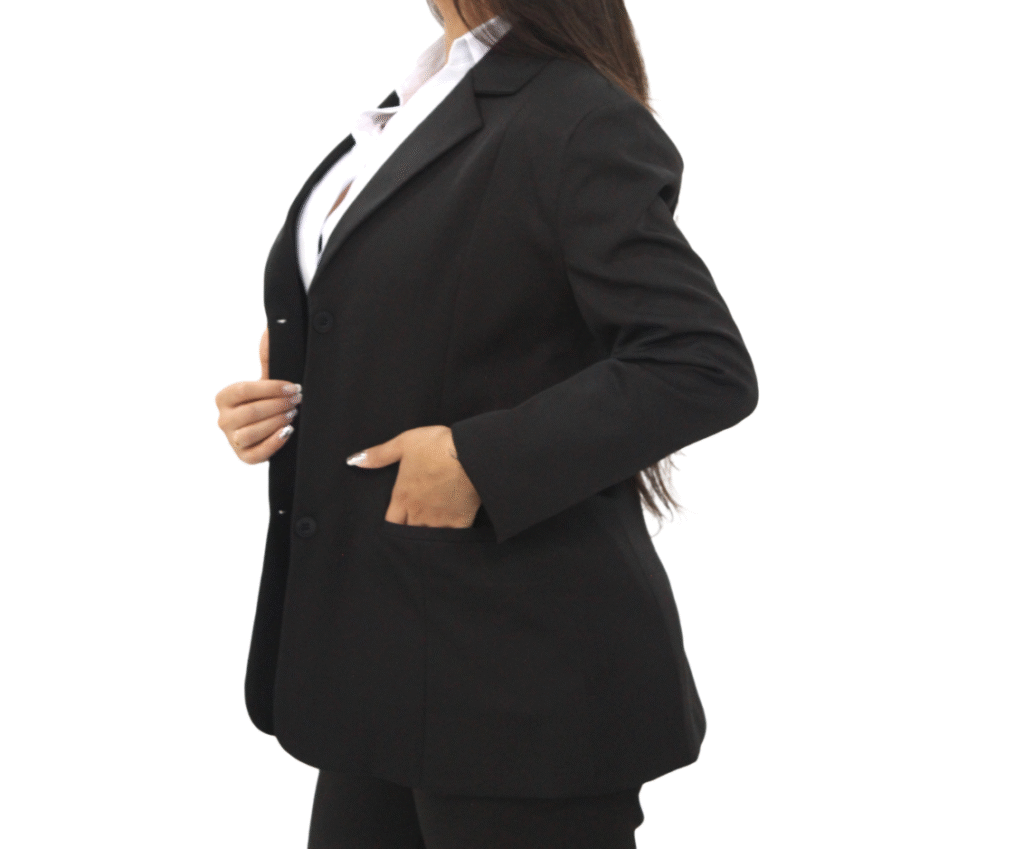 718 Blazer longo Feminino fechado por 2 botões Two way com elastano cor preto (5)